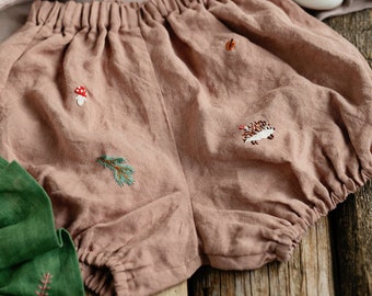 Forest bloomers, Linen Bloomers, Different Colours, Hand Embroidery, Baby Bloomers, Linen Shorts, Linen Clothes for Kids, Baby Shorts