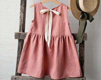 Vestido smock salmón, vestido sin mangas de lino, diferentes bordados, vestido de verano para niñas, vestido de niña flor, vestido de lino para niña