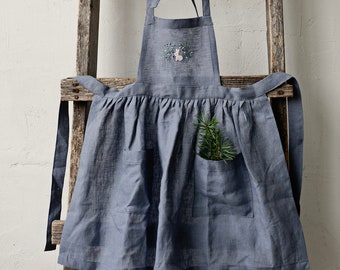 Dusty Blue Linen Apron, Girl Linen Apron, Different Embroideries, Linen Apron for Girls, Linen Apron for Kids, Linen Pinafore for Girls