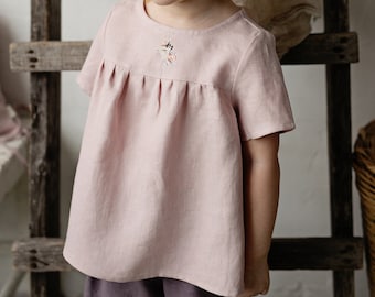 Baby roze korte mouw tuniek, verschillende borduursels, linnen shirt voor meisjes, korte mouw linnen tuniek, meisje linnen top, baby shirt