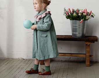 Mint Long Coat, Kids Linen Coat, Different Embroideries, Classic Coat for Kids, Linen Coat, Baby Linen Coat, Kids Linen Clothing