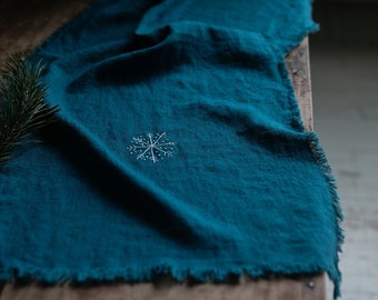 Petrol Blue Linen Table Runner, Gift Wrap, Handmade Embroidery, Table Runner, Christmas Gift, Christmas Decor, Home Decor