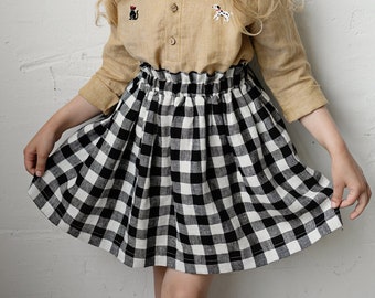 Check Festive Midi Skirt, Linen Midi Skirt, Simple Skirt, Girl Skirt, Linen Clothes for Kids, Washed Linen Skirt