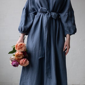 Dusty Blue Kimono Dress, Oversized Linen Dress, Linen Dress, Linen Dress for Women, Plus Size Linen Dress, Loose Linen Dress, Maxi Dress image 4