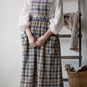 Beach Festive Cottage Dress, Linen Pinafore Dress, Elastic Waist Dress, Plaid Linen Pinafore, Linen Dress for Women, Victorian Apron