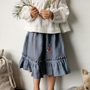 Dusty Blue Ruffle Skirt, Linen Ruffle Skirt, Different Embroideries, Baby Girl Skirt, Linen Clothes for Kids, Washed Linen Skirt image 1