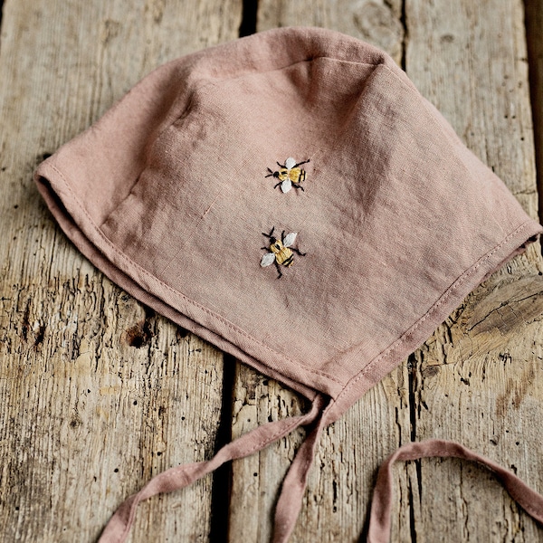 Dusty Rose Classic Bonnet, Kids Linen Bonnet, Different Embroideries, Unisex Linen Bonnet, Linen Hat for Kids, Hand Embroidery