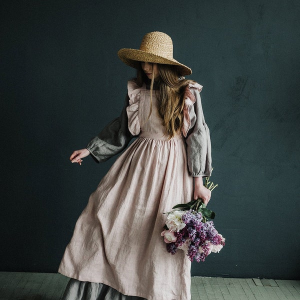 Baby Pink Long Vintage Apron, Linen Pinafore with Wings, Linen Apron, Victorian Maids Apron, Cottagecore Linen Apron, Linen Apron for Women