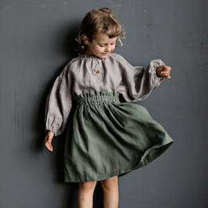 Sage Midi Skirt, Linen Midi Skirt, Different Embroideries, Simple Skirt, Baby Girl Skirt, Linen Clothes for Kids, Washed Linen Skirt image 1