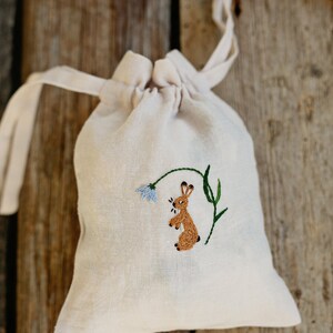 Linen Pouch Bag, Different Colours, Rabbit and Flower Embroidery, Laundry Bag, Nursery Decor, Toy Storage Bag, Bread Bag, Gift for Women