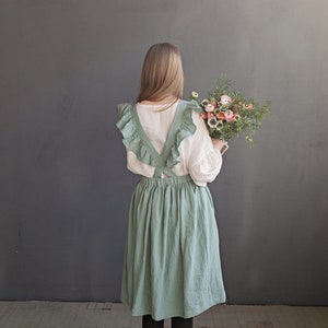 Mint Short Vintage Dress, Linen Pinafore Dress, Elastic Waist Dress, Linen Pinafore with Wings, Linen Dress for Women, Victorian Maid Apron image 1