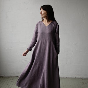 Mauve Daiva Dress, Linen Dress, Linen Dress for Women, Loose Linen Dress, Maxi Dress, Oversized Linen Dress, V Neck Linen Dress