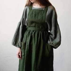 Forest Green Midi Cross Back Pinafore, Linen Pinafore, Linen Apron, Cooking Apron, Kitchen Linen Apron, Apron for Women, Washed Linen