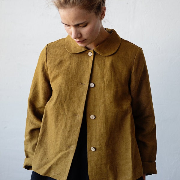 Ockerfarbene Peter-Pan-Kragenjacke, Leinenjacke, A-Linie-Leinenjacke, Jacke Damen, Mantel für Frauen, Business-Leinenjacke, Frühlingsjacke