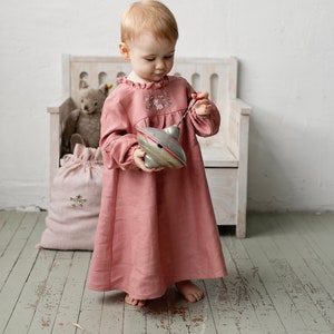 Salmon Ruffle Linen Dress, Baby Linen Dress, Baby Dress, Flower Girl Dress, Linen Clothes Girls, Dress Girls, Kids Clothing image 1