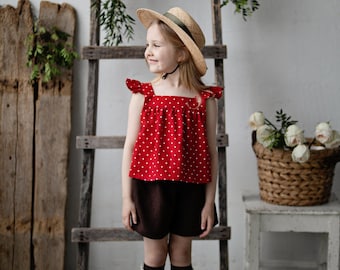 Red Polka Dot Festive Vintage Shirt, Sleeveless Linen Shirt for Girls, Linen Shirt Girls, Kids Shirt, Girl Linen Top, Baby Shirt, Girls Tops