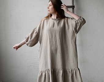 Robe kimono à volants naturel, Robe en lin surdimensionnée, Robe en lin, Robe en lin pour femme, Robe en lin grande taille, Robe ample en lin, Robe longue