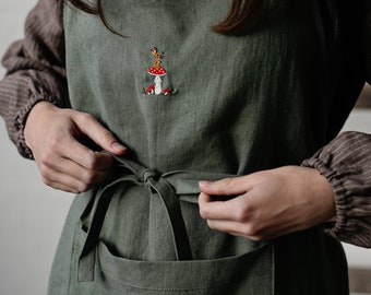 Sage Traditional Apron, Linen Apron, Hand Embroidery, Kitchen Apron, Cooking Apron, Linen Apron for Women, Gift for Women