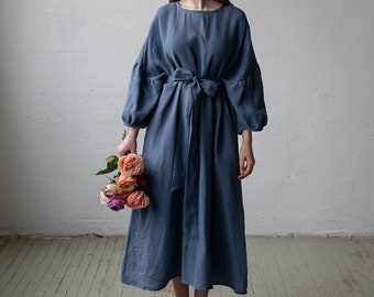 Robe kimono bleu poussiéreuse, robe en lin surdimensionnée, robe en lin, robe en lin pour femmes, robe en lin taille plus, robe en lin ample, robe Maxi