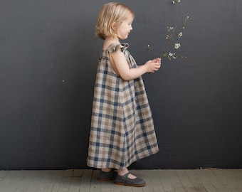 Beach Long Festive Pinafore, Plaid Girls Dress, Linen Baby Dress, Pinafore Girls, Flower Girl Dress, Linen Pinafore, Dress Girls