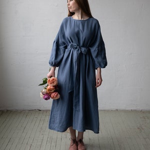 Dusty Blue Kimono Dress, Oversized Linen Dress, Linen Dress, Linen Dress for Women, Plus Size Linen Dress, Loose Linen Dress, Maxi Dress image 1