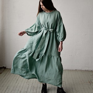 Mint Ruffle Kimono Dress, Oversized Linen Dress, Linen Dress, Linen Dress for Women, Plus Size Linen Dress, Loose Linen Dress, Maxi Dress