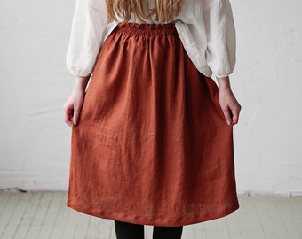 Rust Classic Midi Skirt, Linen Midi Skirt, Linen skirt, Skirt with Pockets, Below the Knee Skirt, Linen Skirt Women, Basic Linen Skirt