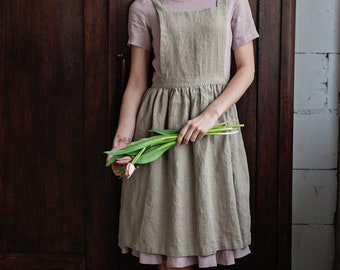 Natural Midi Cross Back Pinafore, Lin Pinafore, Tablier en lin, Tablier de cuisine, Tablier en lin de cuisine, Tablier pour femmes, Pinafore en lin lavé