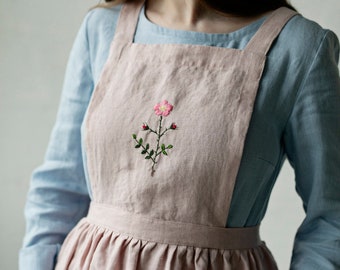 Baby Pink Midi Cross Back Pinafore, Linen Pinafore, Linen Apron, Cooking Apron, Kitchen Linen Apron, Apron for Women, Washed Linen Pinafore