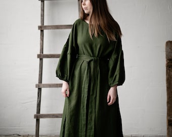 Robe kimono vert forêt, robe en lin surdimensionnée, robe en lin, robe en lin pour femme, robe en lin grande taille, robe ample en lin, robe longue