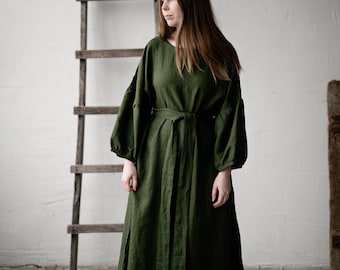 Forest Green Kimono Dress, Oversized Linen Dress, Linen Dress, Linen Dress for Women, Plus Size Linen Dress, Loose Linen Dress, Maxi Dress