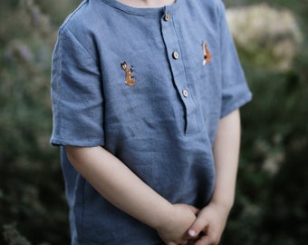 Dusty Blue Short Sleeve Unisex Linen Shirt, Different Embroideries, Linen Shirt, Linen Shirt Boys, Linen Shirt Girls, Kids Shirt