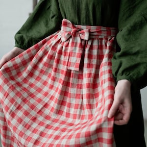 Garden Festive Apple Apron, Cottagecore Apron, Linen Skirt, Plaid Apron Skirt, Kitchen Linen Apron, Apron for Women, Gift for Women