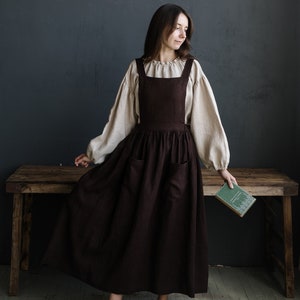 Chocolate Cottage Dress, Linen Pinafore Dress, Elastic Waist Dress, Linen Pinafore, Linen Dress for Women, Victorian Apron