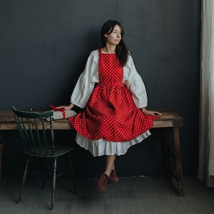 Red Polka Dot Festive Midi Cross Back Pinafore, Linen Pinafore, Linen Apron, Cooking Apron, Kitchen Linen Apron, Apron for Women
