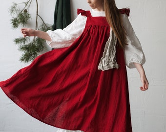 Cherry Prairie Kleid, Leinenkleid mit Flatterärmeln, übergroße Schürze, Leinenkleid mit Flügeln, Leinenkleid für Frauen, viktorianischer Stil