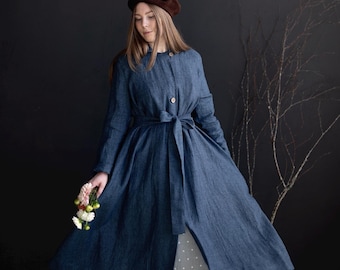 Blue Stripe Linen Coat: Women's A-Line Oversized Long Coat