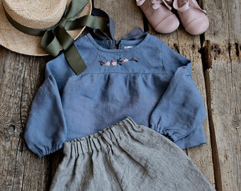 Dusty Blue Short Linen Tunic, Different Embroideries, Linen Shirt for Girls, Long Sleeve Linen Tunic, Girl Linen Top, Baby Shirt