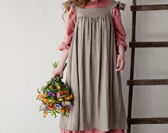 Natural Prairie Dress, Linen Dress with Flutter Sleeves, Oversized Apron, Linen Dress with Wings, Linen Dress for Women, Victorian Style