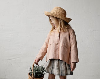 Peach Peter Pan Collar Jacket, Kids Linen Jacket, Different Embroideries, Classic Coat for Kids, Linen Coat, Linen Jacket