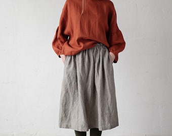 B&W Stripe Classic Midi Skirt, Linen Midi Skirt, Linen skirt, Skirt with Pockets, Below the Knee Skirt, Linen Skirt Women, Basic Linen Skirt