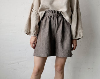 Brown Stripe Shorts, Linen Shorts, Over Knee Shorts, Elastic Waist Shorts, Women Shorts, Linen Shorts Women, High Waist Shorts, Loungewear