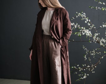 Chocolate Linen Coat Women: A-Line Oversized Long Coat