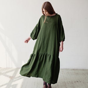 Forest Green Ruffle Kimono Dress, Oversized Linen Dress, Linen Dress, Linen Dress for Women, Plus Size Dress, Loose Linen Dress, Maxi Dress image 1