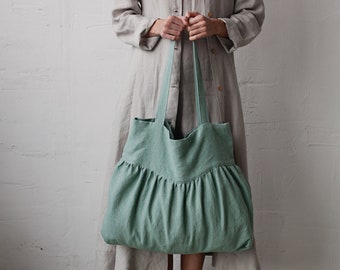 Mint Sunday Bag, Linen Tote Bag, Ruffle Linen Bag, Shoulder Bag, Linen Tote, Linen Shopping Bag, Market Bag, Ruffled Bag