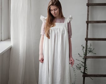 Robe prairie blanche, robe en lin à manches flottantes, tablier surdimensionné, robe en lin avec ailes, robe en lin pour femmes, style victorien