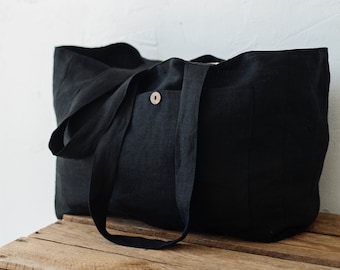 Black Classic Bag, Linen Tote Bag, Linen Bag, Shoulder Bag, Linen Tote, French Linen Bag, Market Bag, Washed Linen Bag, Reusable Bag