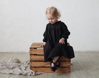 Black Ruffle Linen Dress, Baby Linen Dress, Baby Dress, Flower Girl Dress, Linen Clothes Girls, Dress Girls, Kids Clothing