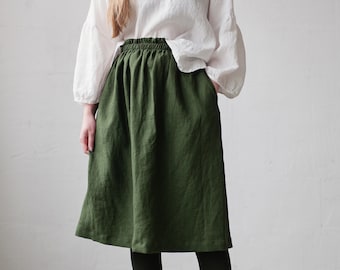 Forest Green Linen Midi Skirt: Elastic Waist Skirt with Pockets