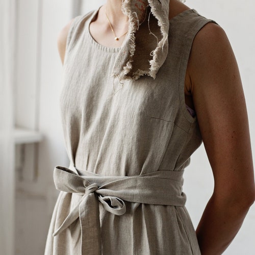 Natural Sleeveless Dress, Linen Dress, A Line Linen Dress, A Line Dress, Linen Dress for Women, Linen Midi Dress, Flattering Dress
